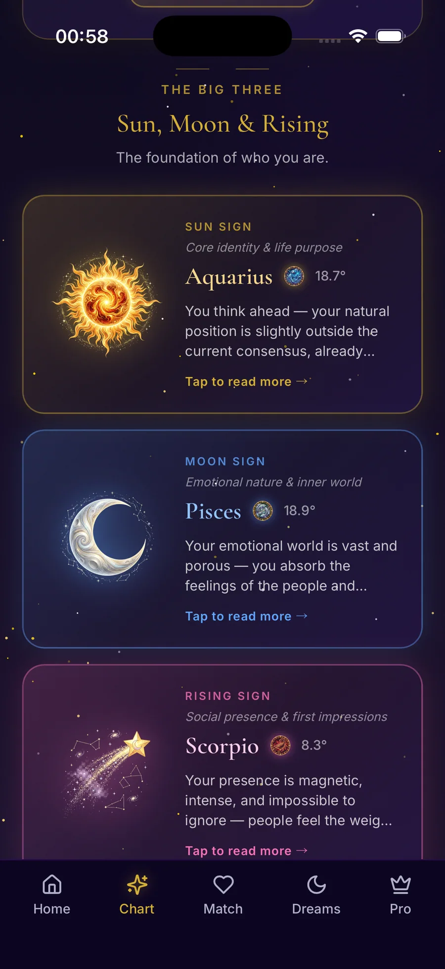 Big Three screen — Sun, Moon and Rising signs explained