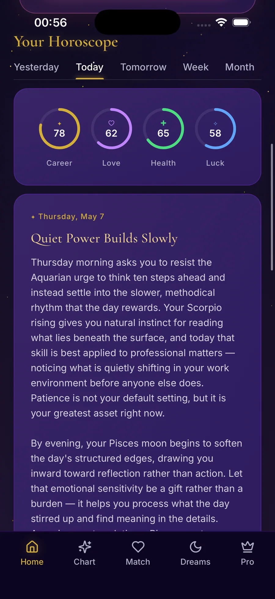 Daily forecast screen — Career, Love, Health and Luck energy rings